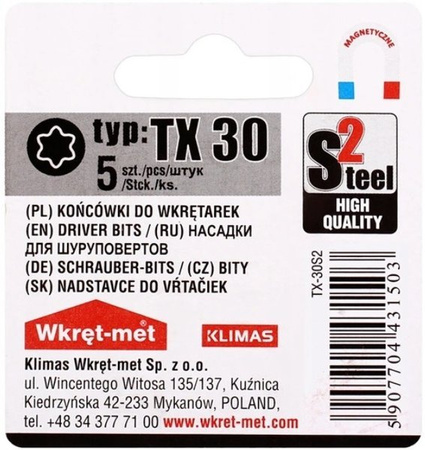 Końcówki do wkrętarek bity TORX TX 30 5 szt