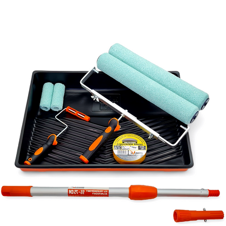 - ZESTAW SZEROKI MOTIVE WAŁEK GREEN FIBRA 40cm 10mm 2szt / 10cm 2szt  + UCHWYT 2szt + KUWETA + WKŁAD 2szt + TAŚMA + KIJ 55cm