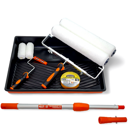 - ZESTAW SZEROKI MOTIVE WAŁEK WHITE FIBRA 40cm 14mm 2szt / 10cm 2szt  + UCHWYT 2szt + KUWETA + WKŁAD 2szt + TAŚMA + KIJ 55cm