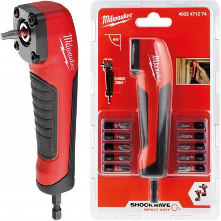 Adapter nasadka kątowa udarowa MILWAUKEE SHOCK WAVE 90° 1/4" + 10szt bitów