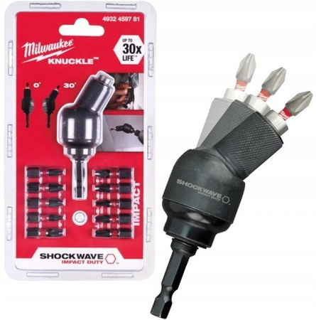 Zestaw udarowa nasadka kątowa MILWAUKEE KNUCKLE 1/4 + bity SHOCK WAVE